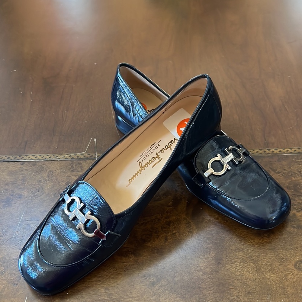 Salvatore Ferragamo Navy Blue Patent Leather Bit Loafers - Picture 6 of 12